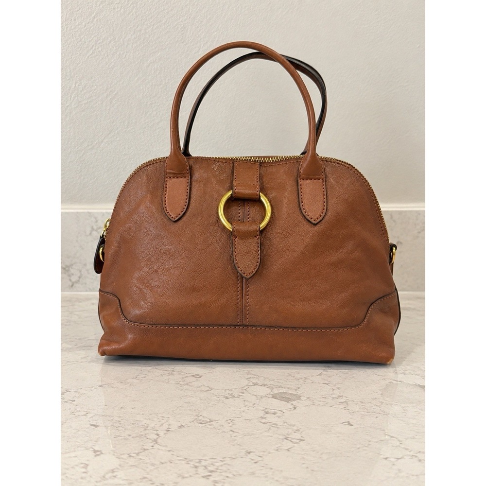 Frye Cognac Brown Pebbled Leather Dome Ring Double Handle Zipper Handbag Bag